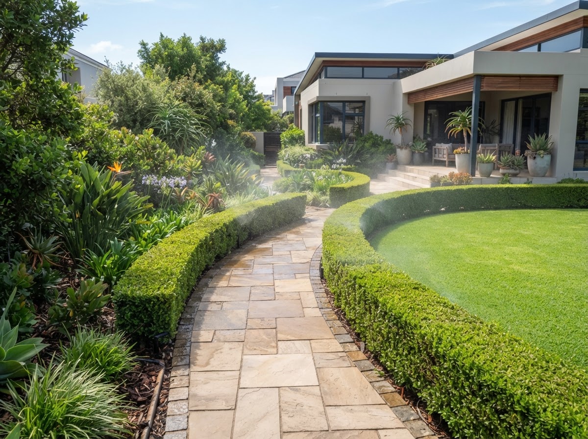 Professionally landscaped garden with paved pathway