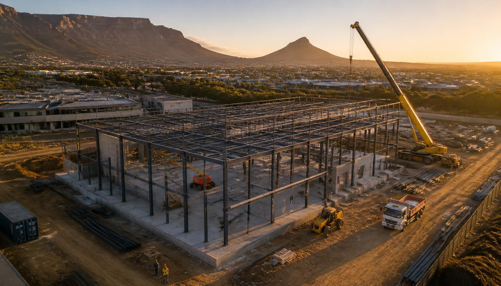 Construction site with steel frame structure at sunset in South Africa